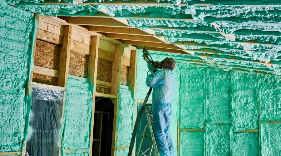 Male builder insulating wooden frame house. Man worker spraying polyurethane foam inside of future cottage, standing on ladder, using plural component gun. Construction and insulation concept.